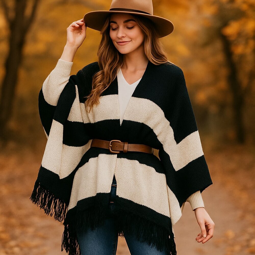 LOFT Cream & White Knit Shawl OS – Fringe Hem Cozy Wrap Western Boho